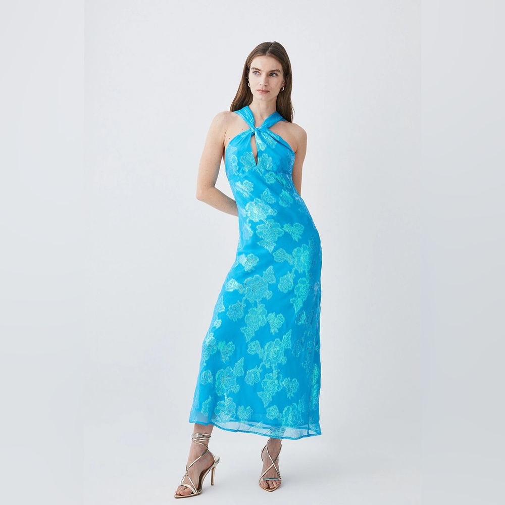 NWT Teal Blue Metallic Iridescent Halter Dress